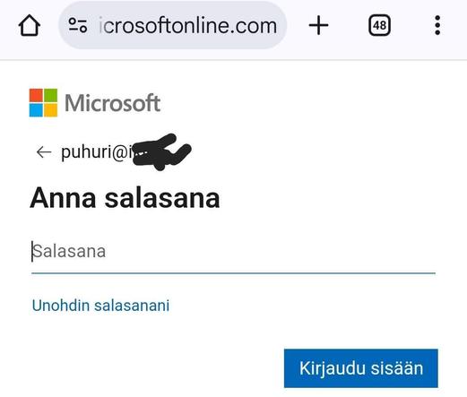 Ruutukaappaus kännykän selaimesta osoitteessa microsoftonline . com.
Ruudulla näkyy salasana ja sen alla lomake "Anna salasana" (alla unohdin salasanan linkki)