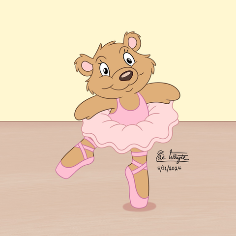A digital illustration of a ballerina teddy bear dancing