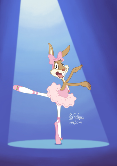 A digital illustration of Johanna Hasenohren dancing in the spotlight