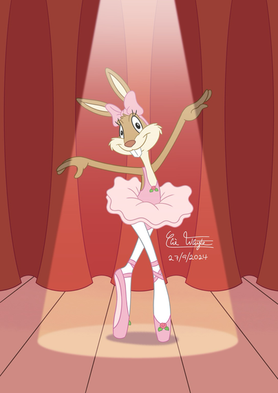 A digital illustration of Johanna Hasenohren posing on stage