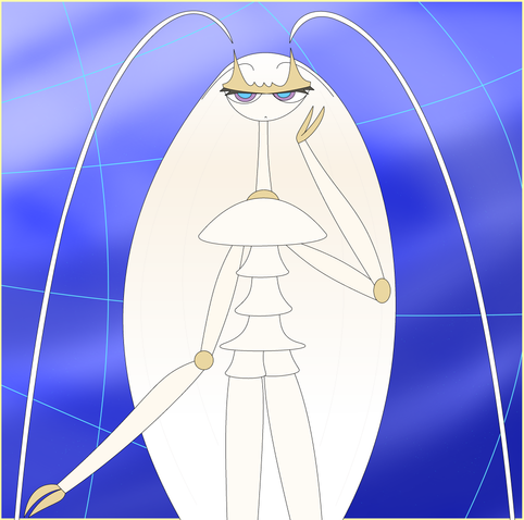 Drawing of Pheromosa from Pokémon Sun and Moon. The blue background roughly resembles the design of the Beast Ball in the mentioned Pokémon Game.