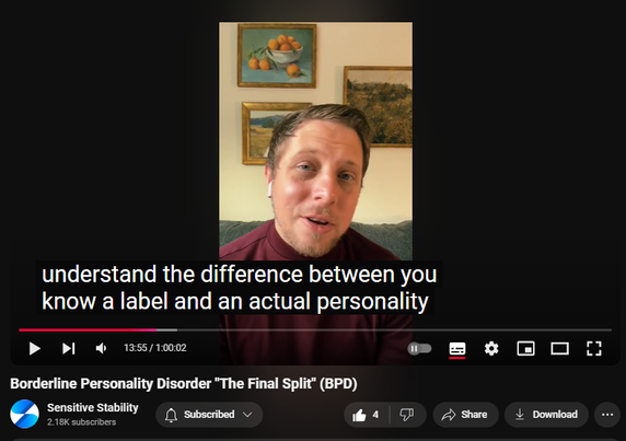 https://www.youtube.com/watch?v=ywTEnGytOz8
Borderline Personality Disorder "The Final Split" (BPD)
 
 views  
5 Nov 2024
In this episode of the BPD Live Show with Sensitive Stability, host Kevin Reynolds discusses the topic "The Final Split"  As a BPD survivor himself, Kevin provides insights into his process of coaching clients through BPD, emphasizing the importance of personal connections and understanding individual stories. Please like, comment, and subscribe if you enjoyed the content, thank you!