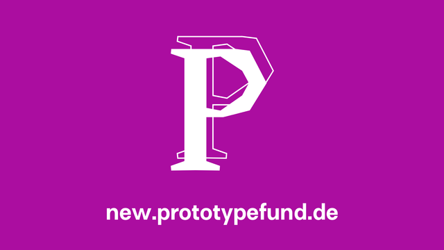 Sharepic: Lila Hintergrund, darauf zentral ein großes Prototype Fund Logo (ein weißes, eckiges P), darunter der Schriftzug „new.prototypefund.de“