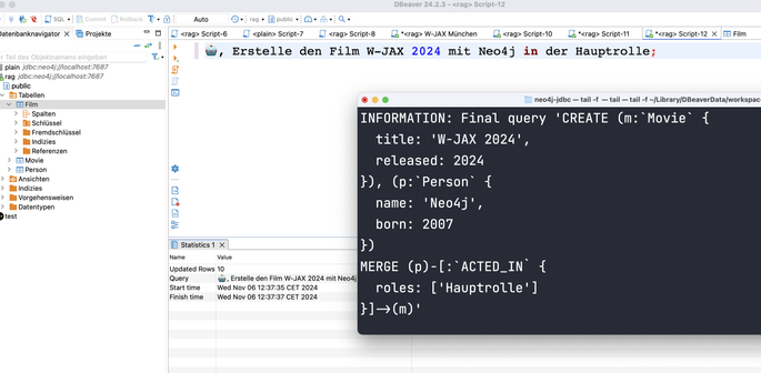 A screenshot of DBWeaver using the Neo4j-JDBC driver with optional text2cypher, creating a complex Cypher query from a natural language statement.