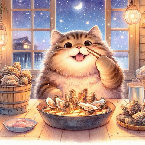 立冬の澄んだ夜空の下、七輪を使って牡蠣のバーベキューを楽しむもふもふの大型猫。大きな窓からはきらめく星空が見え、月の柔らかな光が子猫の毛並みと牡蠣の殻を優しく包み込む。 