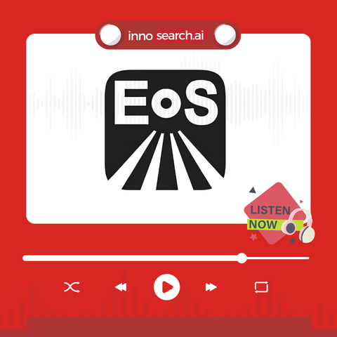 A media player screen with a red background, labeled at the top with "Innosearch.ai" In the center is a logo for "EoS", the logo for Eyes on Success, featuring stylized letters and lines that look like rays or paths extending downward. A “Listen Now” button with headphones is positioned on the right side of the screen. Below, there are typical media controls, including shuffle, rewind, play, fast-forward, and a full-screen option, along with a progress bar indicating the playback timeline.