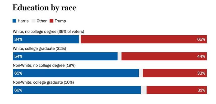Graphic from the Washington Post about 2024 voting for U.S. President, broken down by race and graduation from college
Voted for Harris/Voted for Trump
White, no college degree (39% of voters): 34% / 65%
White, college graduate (32% of voters): 54% / 44%
Non-White, no college degree (19% of voters): 65% / 33%
Non-White, college graduate (10% of voters): 66% / 31%