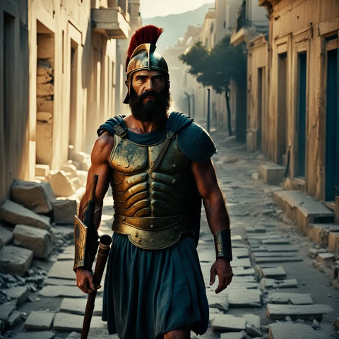 Ancient Greek Spartan bearded soldier proudly walking in the streets of ancient Athens
