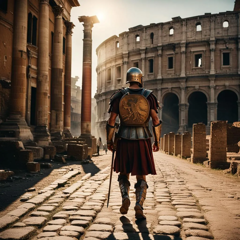 Ancient Roman soldier walking in ancient Rome streets in summer with Arena behind him
