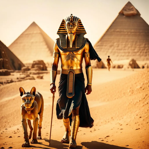 Ancient Egyptian guard walking near the Sphynx and pyramids
