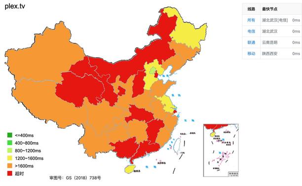 Website accessibility test results from various locations in China showing plex.tv as blocked due to GFW disruptions. (Source: https://tool.chinaz.com)
