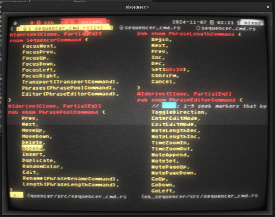 cool-retro-term screenshot of code from https://codeberg.org/unspeaker/tek/src/commit/dd72cea679ac9a871a0f61354d5291877a278927/crates/tek_sequencer/src/sequencer_cmd.rs