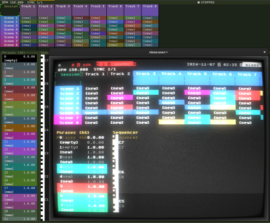 screenshot of 24 bit text user interface in kitty (looks normal) and cool-retro-term (looks fancy but broken)