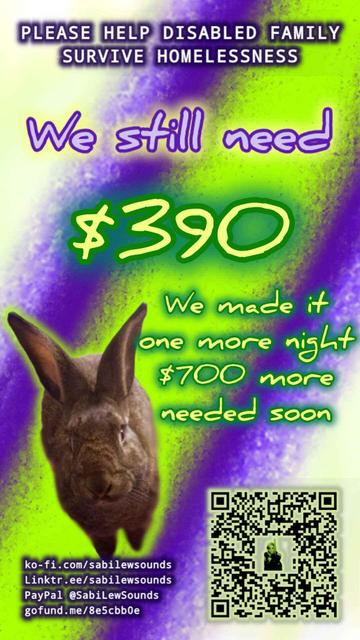 PLEASE HELP DISABLED FAMILY SURVIVE HOMELESSNESS

We still need $390

We made it one more night

$700 more needed soon

ko-fi.com/sabilewsounds
Linktr.ee/sabilewsounds
PayPal @SabiLewSounds
gofund.me/8e5cbb0e