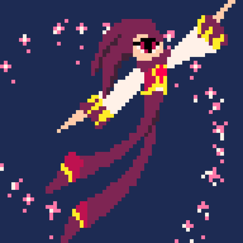 Static pixel art of NiGHTS from SEGA's NiGHTS into Dreams series.

A lanky, cat-eyed, flying jester with purple pants, vest, and jester hat, white bell-sleeve shirt and a huge fuchsia gem on his chest. A trail of sparkles follows their looped flight path.