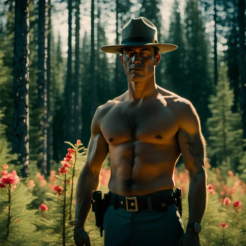 Royal Canadian Mounted Police officer shirtless in the woods sunny day pine flowers trees