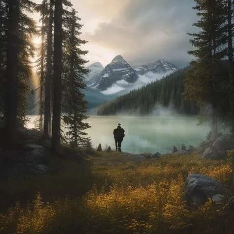 Royal Canadian Mounted Police officer near the lake in the woods during summer Canadian outdoor mountain scenery around