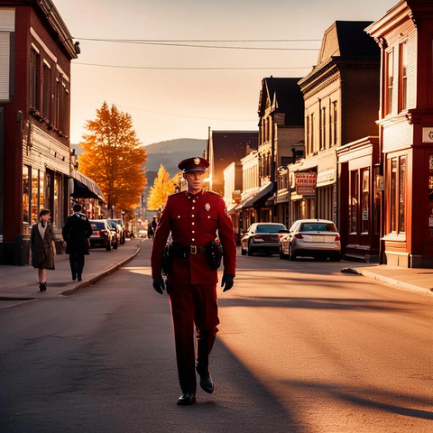 Royal Canadian Mounted Police officer in uniform walks in a Canadian small town greeting the walkers, cars passing by in the street