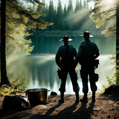 Royal Canadian Mounted Police officer near the lake in the woods, camping fire boils water summer day and another Royal Canadian M...