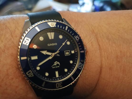 Wrist shot of me wearing a blue Casio Duro.