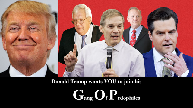 A collage of prominent Republicans who are implicated in child molestation scandals: Donald Trump, Dennis Hastert, Roy Moore, Jim Jordan, and Matt Gaetz.