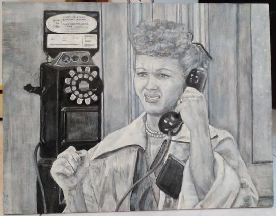 a painting in black and white, lucy from i love lucy, holding a pay phone to her ear with a confused expression on her face, she is wearing a large white coat with her pocketbook under her arm 