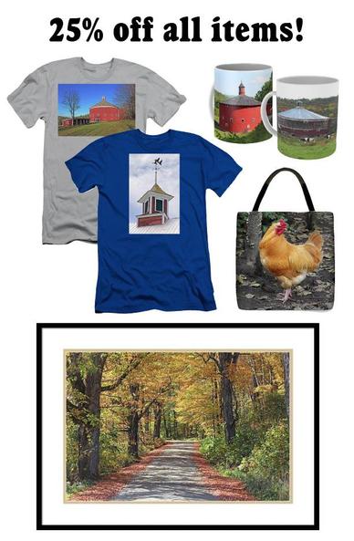 Two t-shirts, two coffee mugs, a tote bag, and a framed photo.