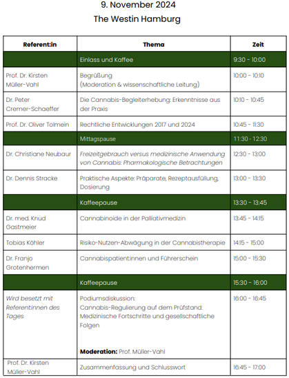 Programm Fachsymposium Cannabinoide in der Medizin 2024
Auch in diesem Jahr führt die ACM zusammen mit dem BPC (Bundesverband Pharmazeutischer Cannabinoidunternehmen) und Medical Tribune ein Symposium zur Weiterbildung von Ärztinnen und Ärzten durch. Es handelt sich um eine Präsenzveranstaltung. Auch eine online-Teilnahme ist möglich.

Zeit: Samstag, 09. November 2024

Ort: The Westin Hotel Hamburg

Teilnahmegebühr: kostenlos

Auch eine virtuelle Teilnahme am Programm ist möglich.

Am Fachsymposium werden Wissenschaftler:innen, Ärzt:innen, Apotheker:innen und Medizinstudierende die Gelegenheit haben, sich über die Verwendung von Cannabis in der Medizin auszutauschen. Die Veranstaltung bietet unerfahrenen Ärzt:innen einen faszinierenden ersten Einblick in diese Therapieform und eröffnet erfahrenen Fachleuten neue Perspektiven auf die Cannabinoidtherapie. Das Fachsymposium wird unter der wissenschaftlichen Leitung von Frau Prof. Dr. Kirsten Müller-Vahl, Vorstandsvorsitzende der ACM, stattfinden.