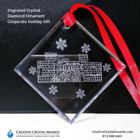 Engraved crystal diamond ornament, crystal Christmas ornament, crystal holiday ornament, engraved glass ornament, personalized holiday ornament, promotional ornaments, corporate ornaments, crystal suncatcher ornament, engraved ornament for Christmas, corporate Christmas gift, promotional gift for holidays, Creative Crystal Awards USA
