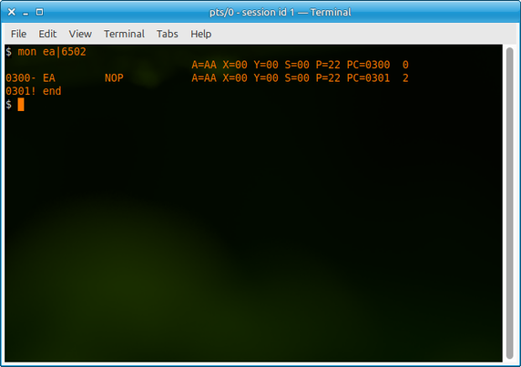 Running a single 6502 NOP instruction in a Terminal window.