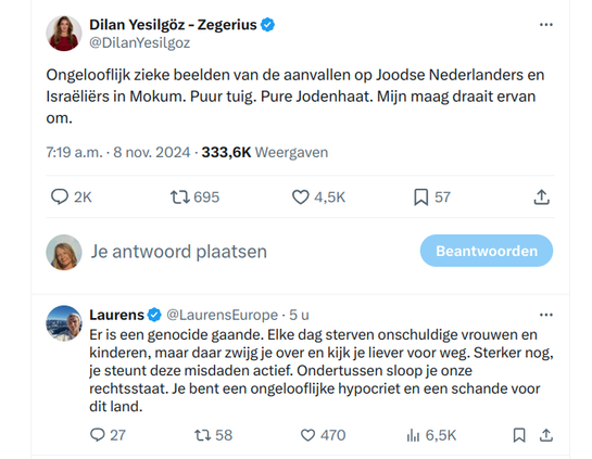 Tweet van VVD-leider Dilan Yesilgoz:
Ongelooflijk zieke beelden van de aanvallen op Joodse Nederlanders en Israëliërs in Mokum. Puur tuig. Pure Jodenhaat. Mijn maag draait ervan om.