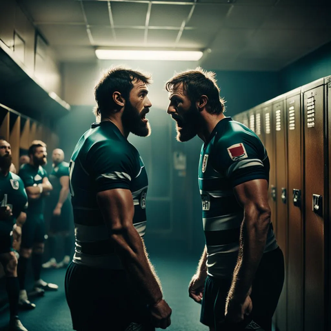 Two bearded rugby players arguing angrily in the locker room