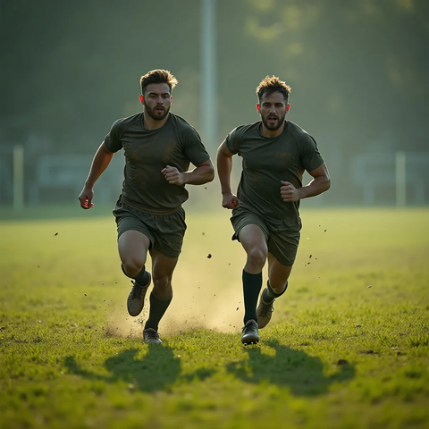 two rugby players running on the rugby field