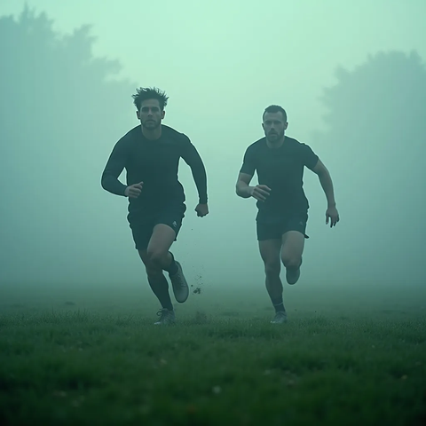 two rugby players running on the rugby field in the fog