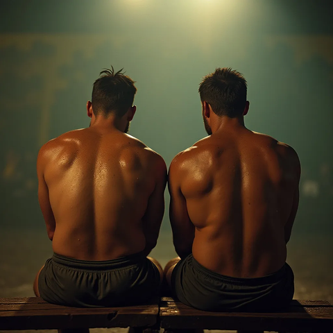 two rugby players shirtless sitting on the bench watching the game