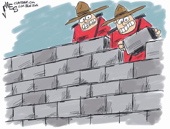 Cartoon image showing 2 Canadian Mounties frantically building a block wall.