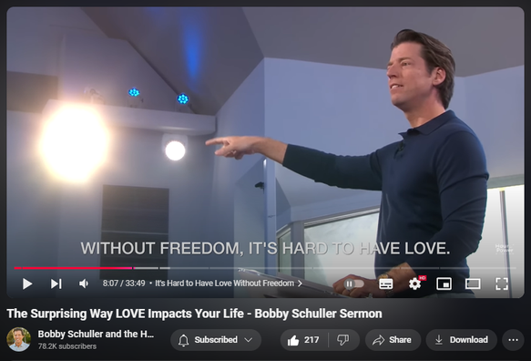 https://www.youtube.com/watch?v=xaniw5kQ1eo
The Surprising Way LOVE Impacts Your Life - Bobby Schuller Sermon


4,181 views  2 Nov 2024
The Surprising Way LOVE Impacts Your Life! In today’s episode, Pastor Bobby Schuller's sermon teaches from Mark chapter 10, exploring Jesus’ teachings on true greatness through service. Discover how leading by serving others can transform your life and bring you closer to God’s heart, with today’s message: “The Key to Greatness.”

🔗 Full service:    • The Key to Greatness - Hour of Power ...  
 
🔔 Subscribe for weekly inspiration: https://bit.ly/3yMUtEr
💪 Support Hour of Power: https://bit.ly/3xY2eKf