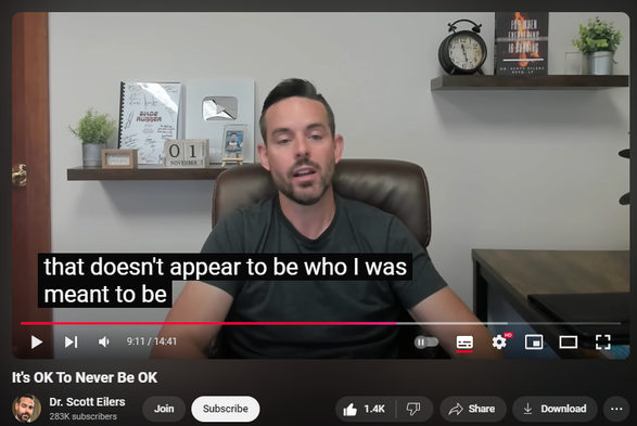 https://www.youtube.com/watch?v=2J2jbbXD5lE
It's OK To Never Be OK
12,343 views  Premiered on 7 Nov 2024  The Psychology of Depression and Anxiety - Dr. Scott Eilers
Happiness isn't a natural state for everyone, and that's perfectly fine. I've spent decades fighting against my brain's inability to maintain joy.

Interestingly, constantly chasing happiness makes you more miserable. My breakthrough came when I stopped fighting against my natural emotional baseline.

In this video, I'll show you why accepting your unique emotional framework and focusing on less-leaky emotional buckets can create a more fulfilling life. I'll also explore how neurodiversity affects our emotional experiences and why traditional happiness-seeking might be holding you back.