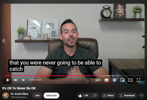 https://www.youtube.com/watch?v=2J2jbbXD5lE
It's OK To Never Be OK

12,343 views  Premiered on 7 Nov 2024  The Psychology of Depression and Anxiety - Dr. Scott Eilers
Happiness isn't a natural state for everyone, and that's perfectly fine. I've spent decades fighting against my brain's inability to maintain joy.

Interestingly, constantly chasing happiness makes you more miserable. My breakthrough came when I stopped fighting against my natural emotional baseline.

In this video, I'll show you why accepting your unique emotional framework and focusing on less-leaky emotional buckets can create a more fulfilling life. I'll also explore how neurodiversity affects our emotional experiences and why traditional happiness-seeking might be holding you back.