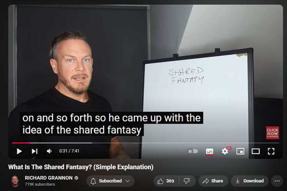 https://www.youtube.com/watch?v=NuqBoOmCXgE
What Is The Shared Fantasy? (Simple Explanation)
 
 views  
8 Nov 2024
🔴 New Course: Narcissistic Matrix: Reintegration  - https://www.richardgrannon.com/course...

📖 Purchase "A Cult of One": https://www.amazon.com/Cult-One-Depro...

🔴 Get your free "Stop Emotional Flashbacks" Course now at http://www.spartanlifecoach.com