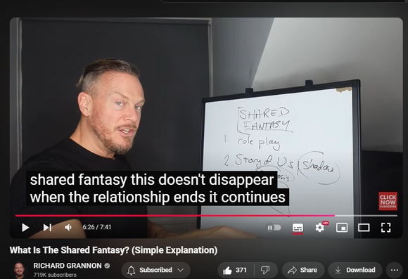 https://www.youtube.com/watch?v=NuqBoOmCXgE
What Is The Shared Fantasy? (Simple Explanation)
 
 views  
8 Nov 2024
🔴 New Course: Narcissistic Matrix: Reintegration  - https://www.richardgrannon.com/course...

📖 Purchase "A Cult of One": https://www.amazon.com/Cult-One-Depro...

🔴 Get your free "Stop Emotional Flashbacks" Course now at http://www.spartanlifecoach.com