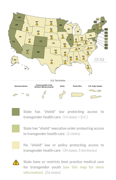 A state map of the US showing which states have shield laws protecting transgender people. Follow the link to get this in tabular form.