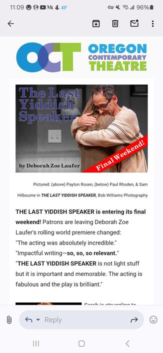 Screenshot of an email about The Lqst Yiddish Speaker at OCT