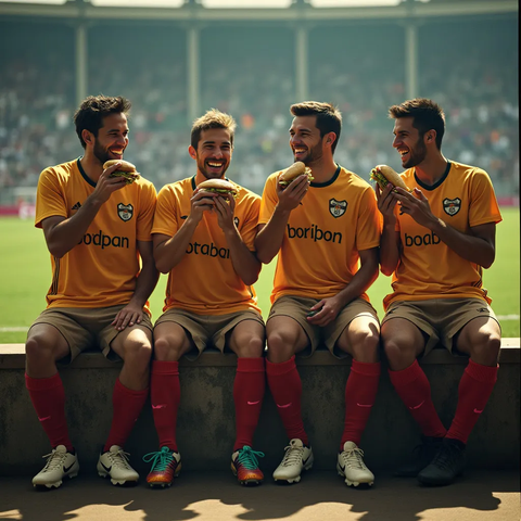 Four soccer players eating sandwiches on bench during game break having fun talking