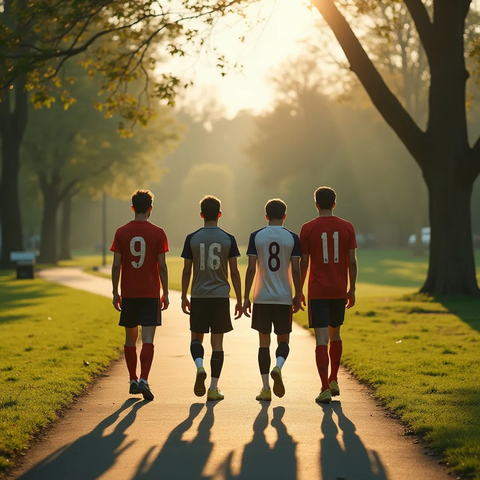 Four soccer players walking in the Vondelpark in Amsterdam sunny day