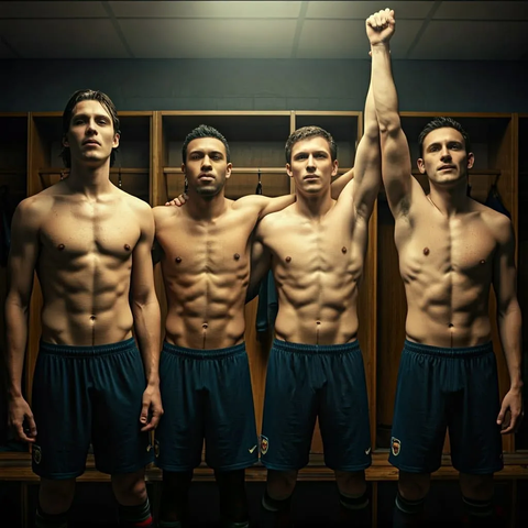 Four soccer players in the locker room, shirtless celebrating the win