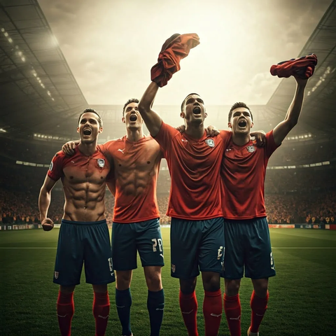 Four soccer players playing at the stadium, shirtless celebrating the win