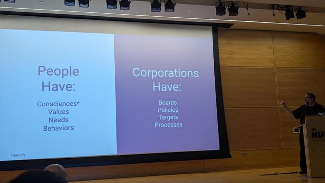 People have: consciences, values, need, behaviors. Corporations have : boards, policies, targets, prpcesses