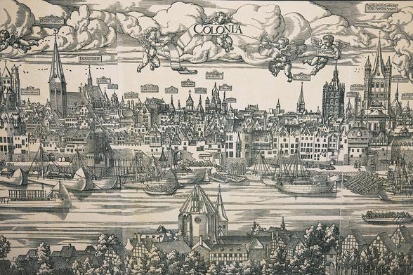 A bird’s eye view of medieval Cologne. Woodcut by Anton Woensam from Worms, 1531, detail. The original is 352 cm wide. Among other things, you can see (from the right) the town hall tower and Groß St. Martin, St. Cecilia, and the Gürtzenich. Exhibited in the Schnütgen Museum.