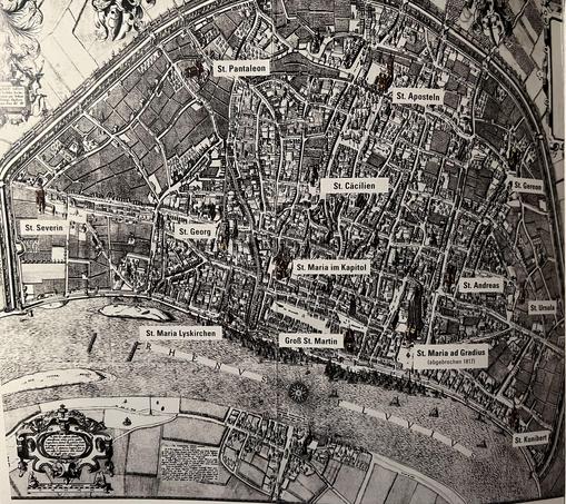 Location plan of the 12 Romanesque churches marked on a map of Cologne from 1571.